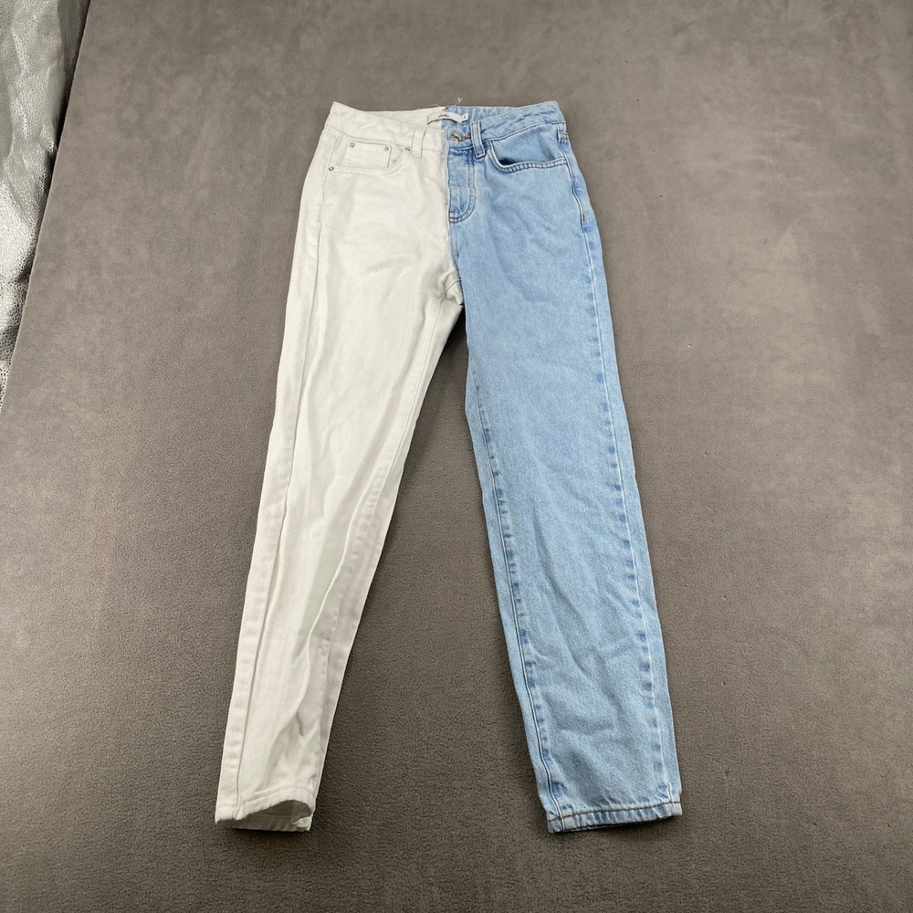 Adika Two‎ Tone Split Leg Mom Jeans Light Wash Blue White High Waist XS